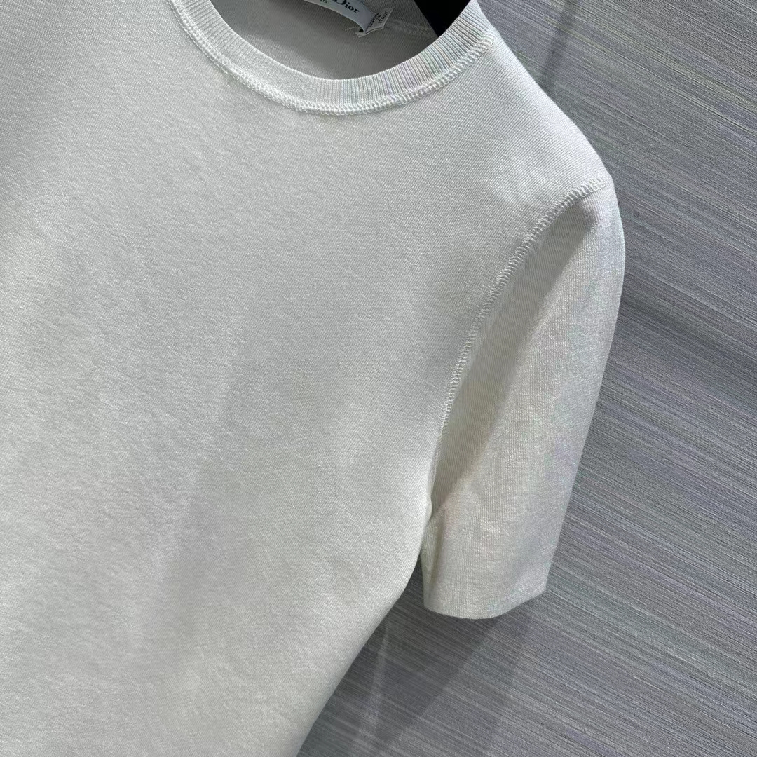 Dior Women CD Short-Sleeved Sweater White Cashmere Silk Knit