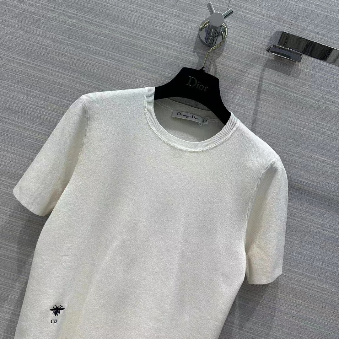 Dior Women CD Short-Sleeved Sweater White Cashmere Silk Knit