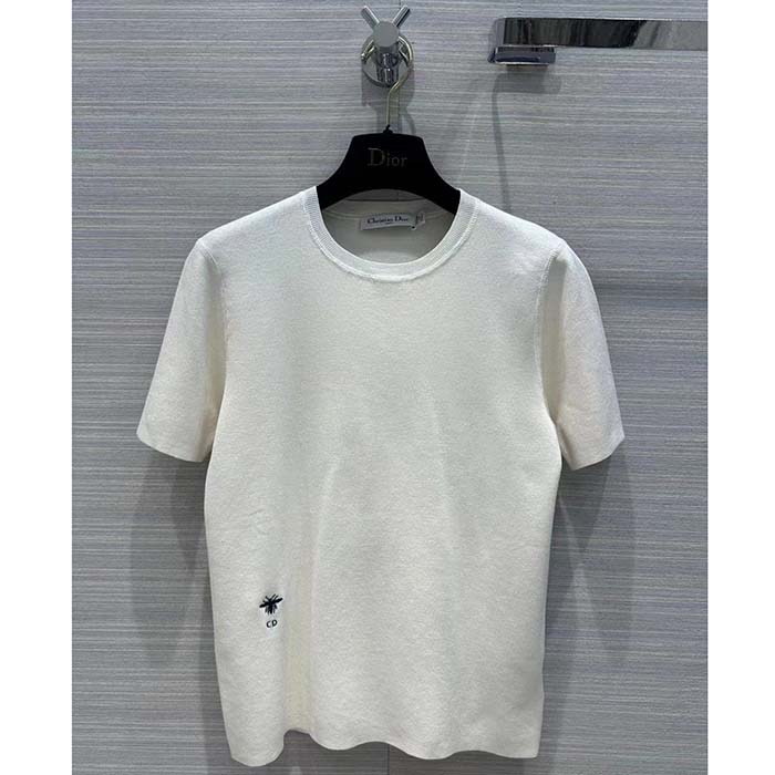 Dior Women CD Short-Sleeved Sweater White Cashmere Silk Knit