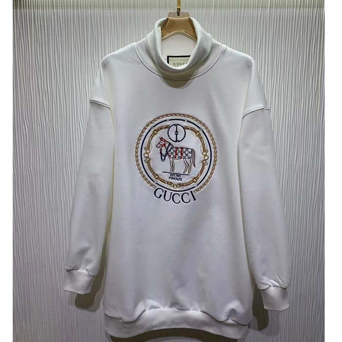 G*u*i gg women jersey sweatshirt embroidery white cotton turtleneck dropped shoulder