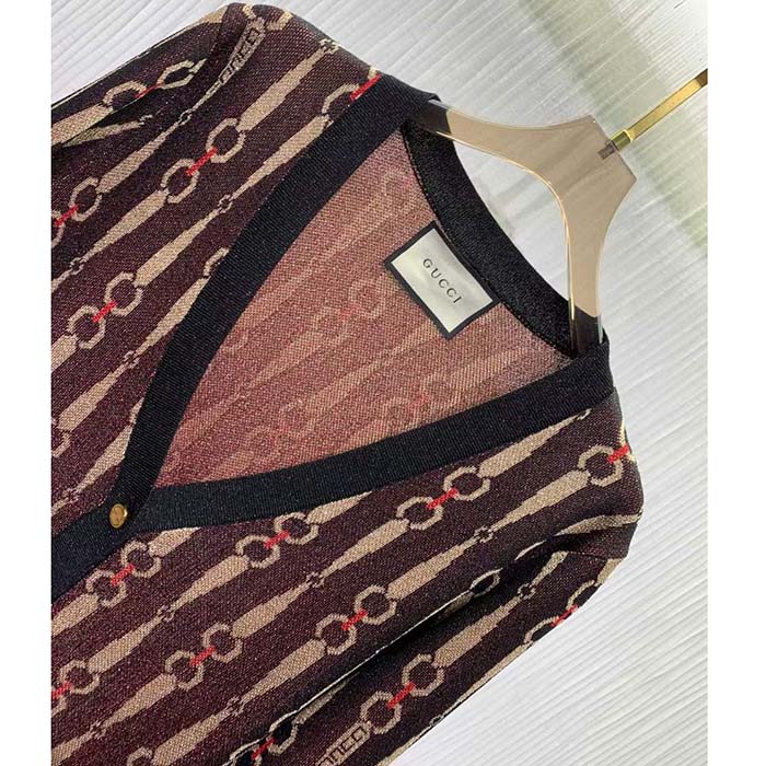 G*u*i gg women lamé horsebit jacquard cardigan brown v-neck