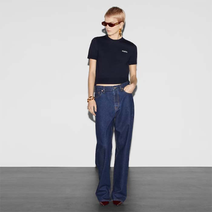 G*u*i gg women wool top G*u*i intarsia navy crewneck short sleeves