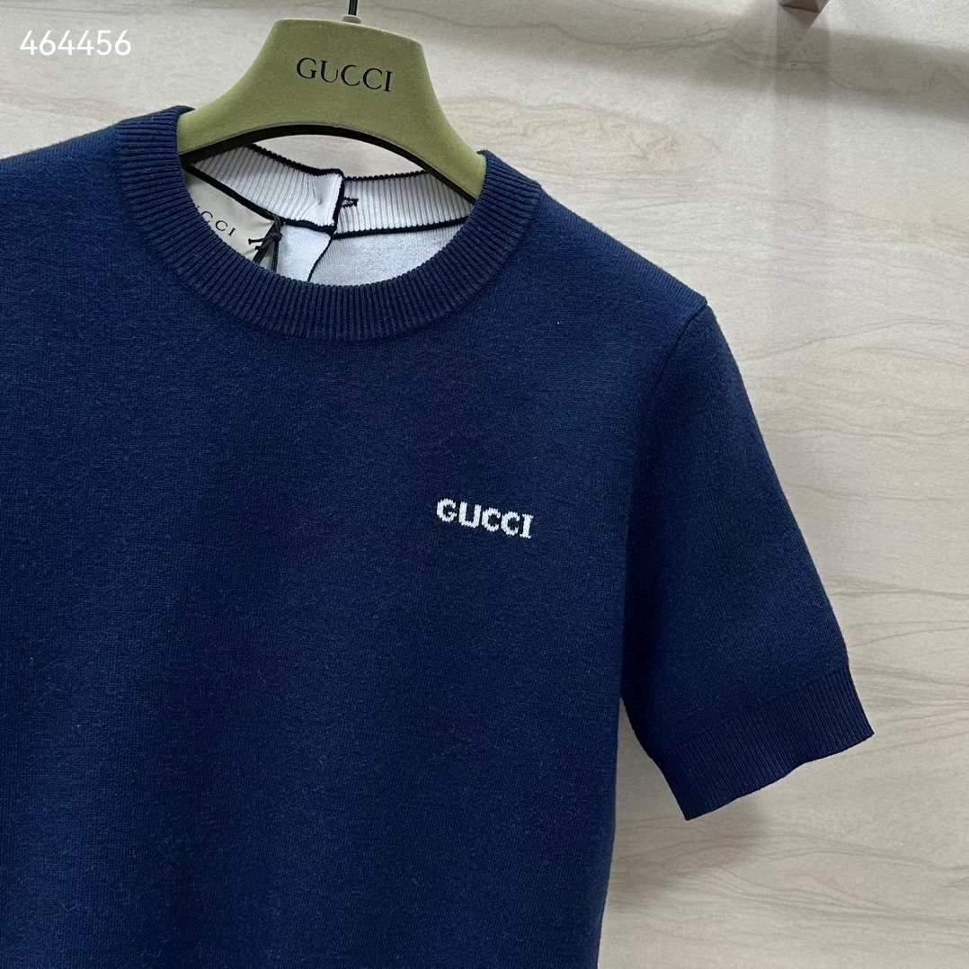 G*u*i gg women wool top G*u*i intarsia navy crewneck short sleeves