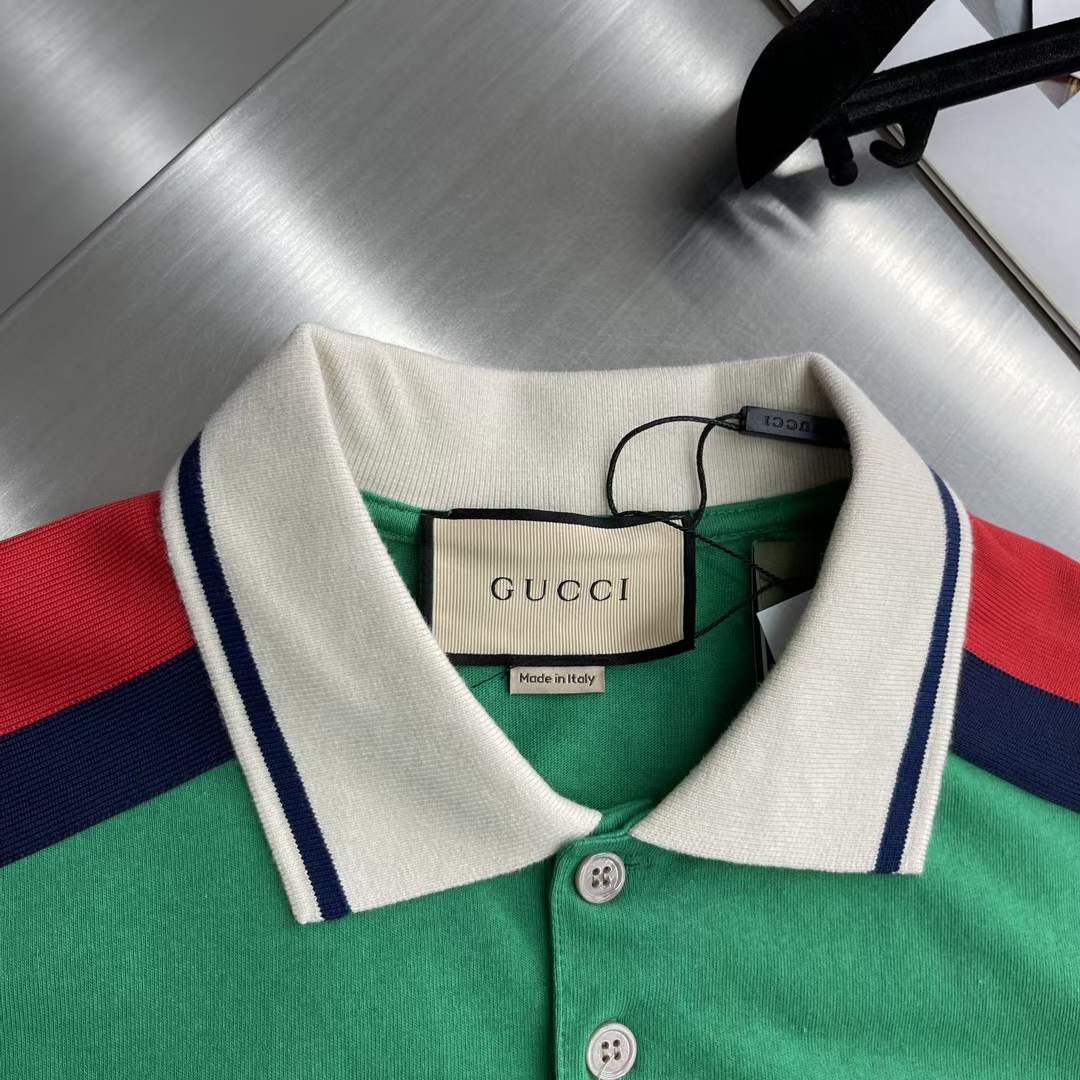 G*u*i men gg cotton polo interlocking g green short sleeves chest pocket