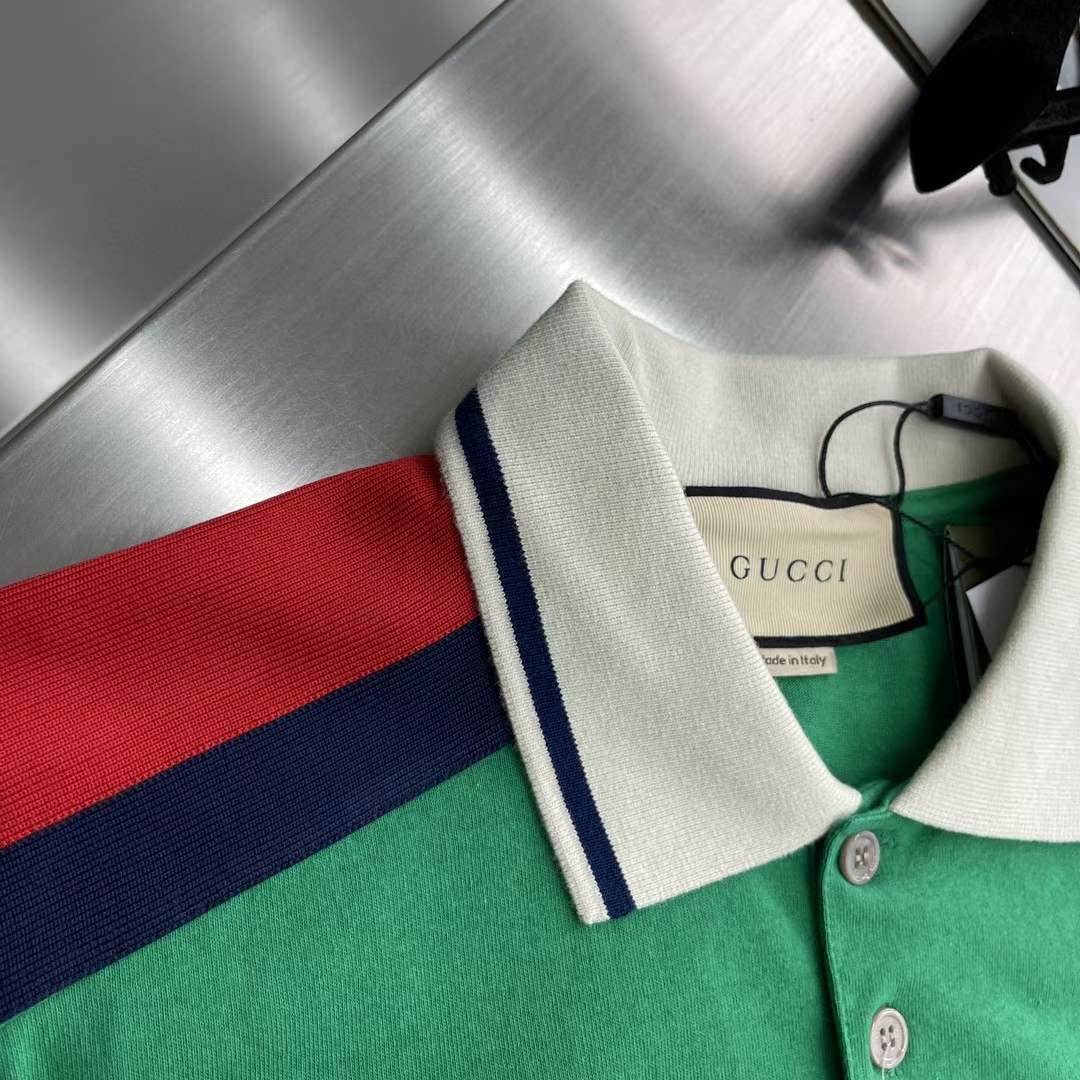 G*u*i men gg cotton polo interlocking g green short sleeves chest pocket