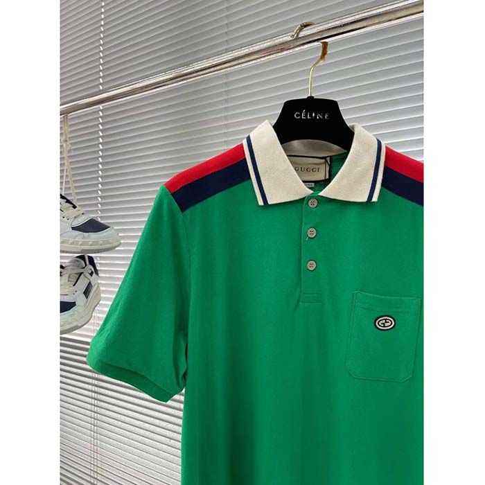 G*u*i men gg cotton polo interlocking g green short sleeves chest pocket