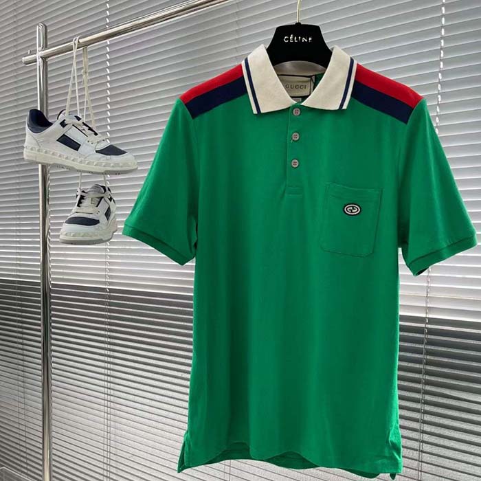 G*u*i men gg cotton polo interlocking g green short sleeves chest pocket