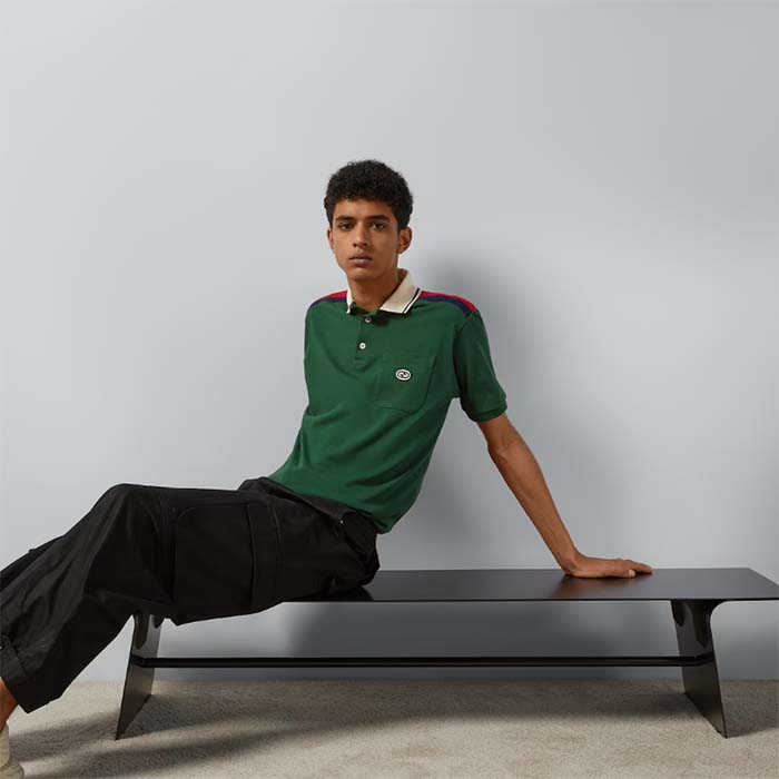 G*u*i men gg cotton polo interlocking g green short sleeves chest pocket