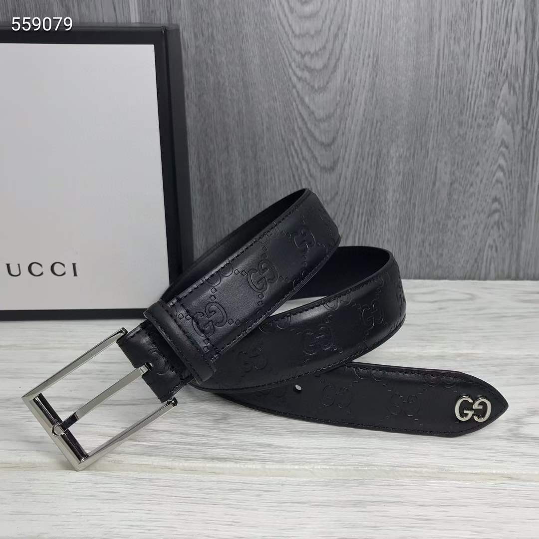 G*u*i unisex black signature belt gg detail square buckle 3.8 cm width