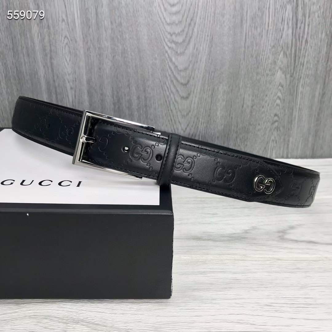G*u*i unisex black signature belt gg detail square buckle 3.8 cm width
