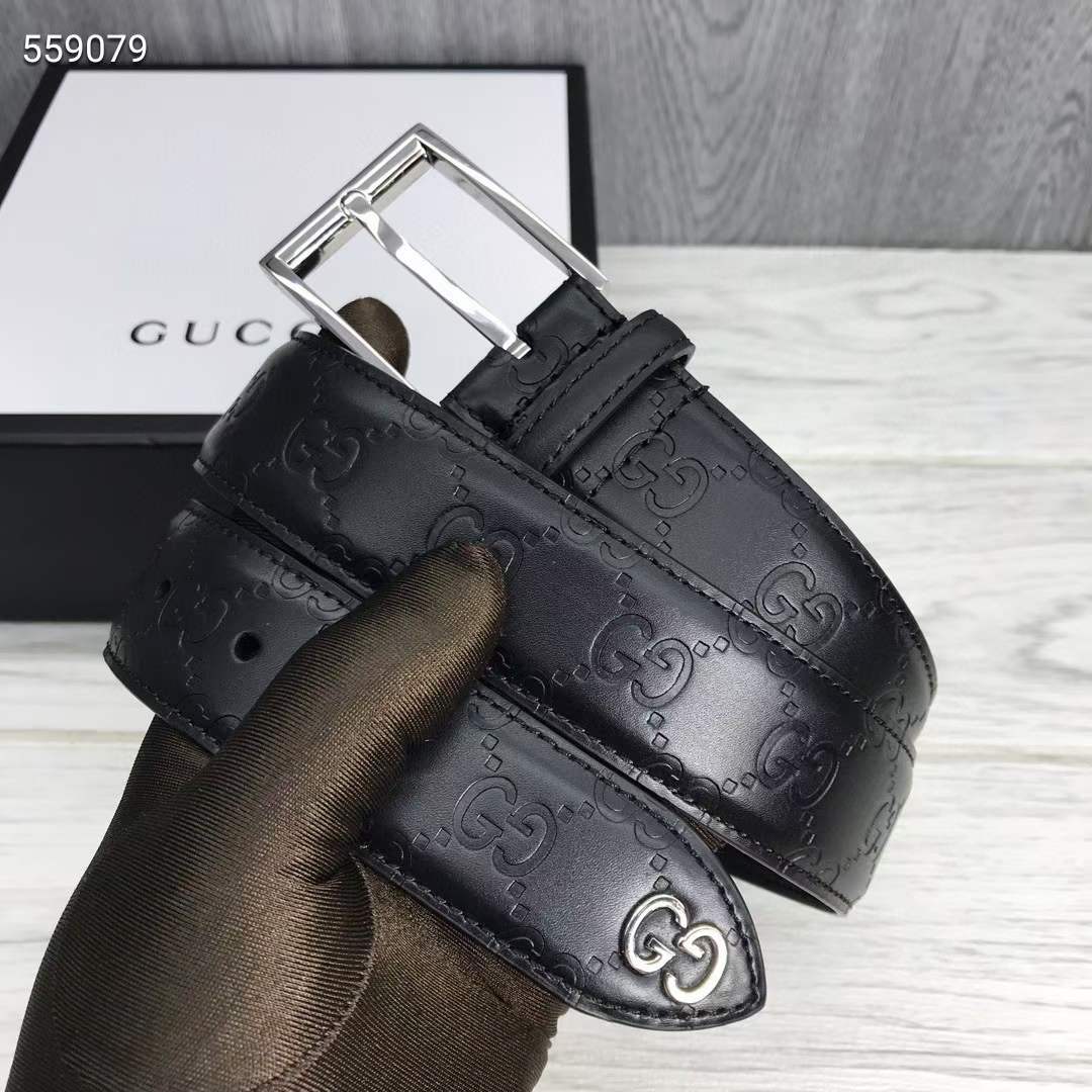 G*u*i unisex black signature belt gg detail square buckle 3.8 cm width