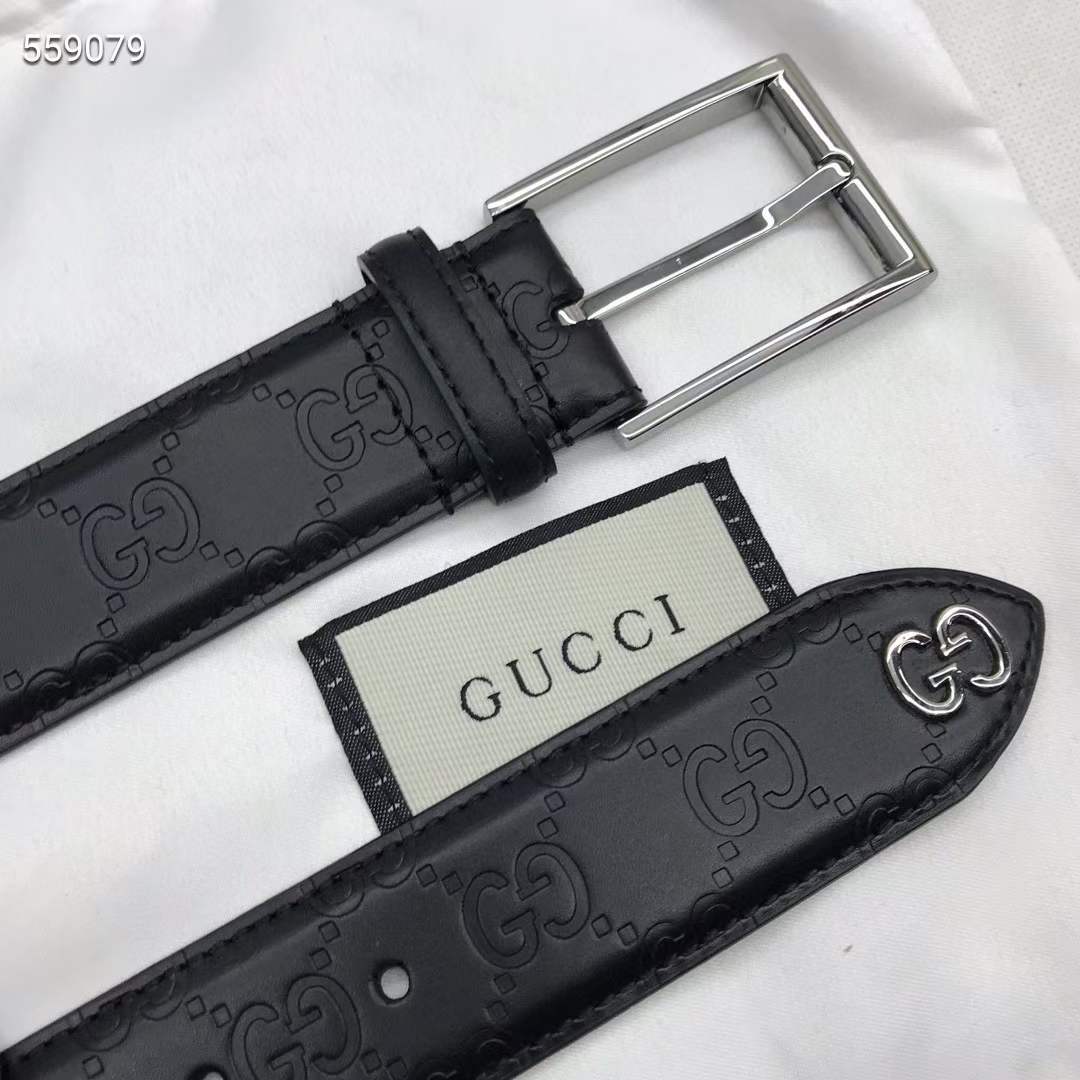 G*u*i unisex black signature belt gg detail square buckle 3.8 cm width