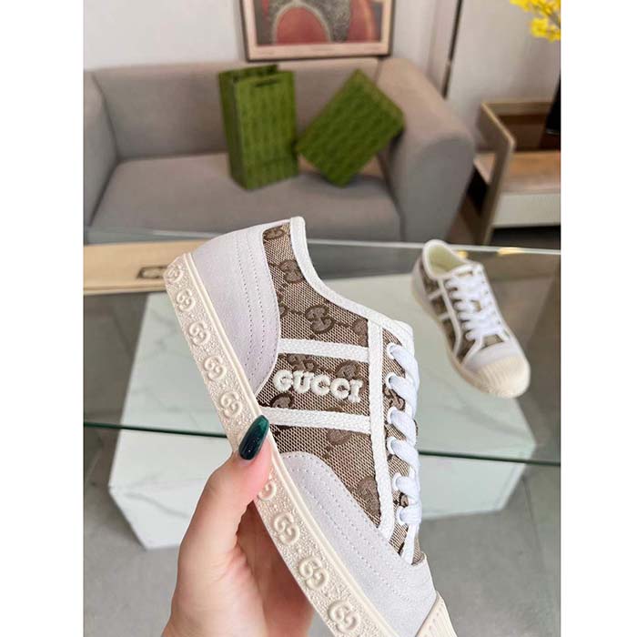 G*u*i unisex gg canvas sneaker beige rubber sole lace up flat