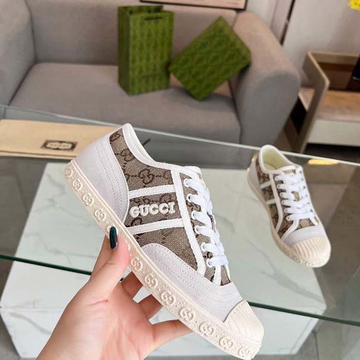G*u*i unisex gg canvas sneaker beige rubber sole lace up flat