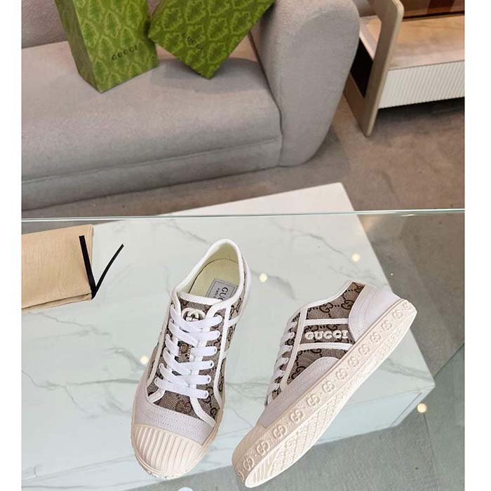 G*u*i unisex gg canvas sneaker beige rubber sole lace up flat