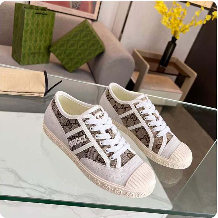G*u*i unisex gg canvas sneaker beige rubber sole lace up flat