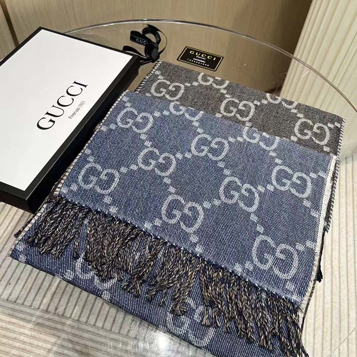 G*u*i unisex gg jacquard knit scarf tassels grey black wool