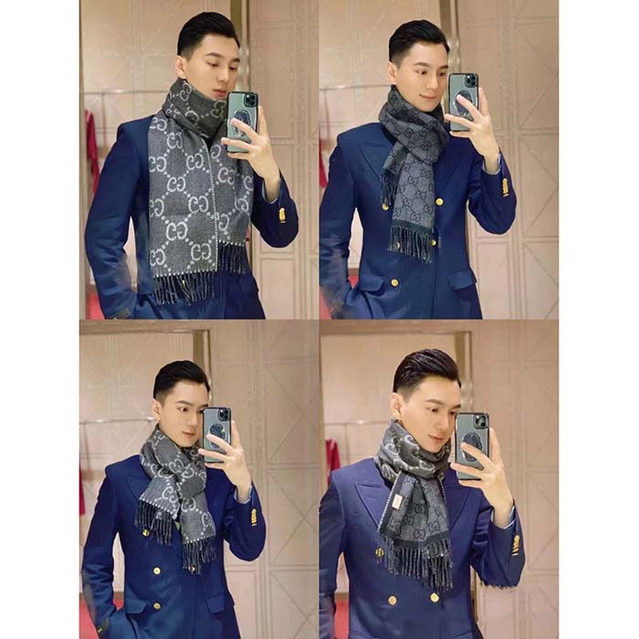 G*u*i unisex gg jacquard knit scarf tassels grey black wool