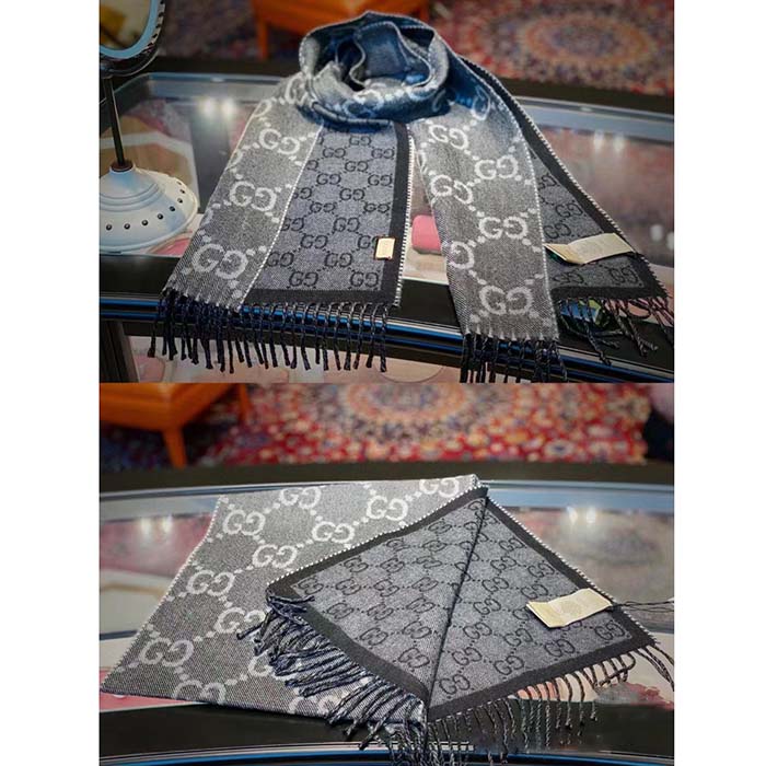 G*u*i unisex gg jacquard knit scarf tassels grey black wool