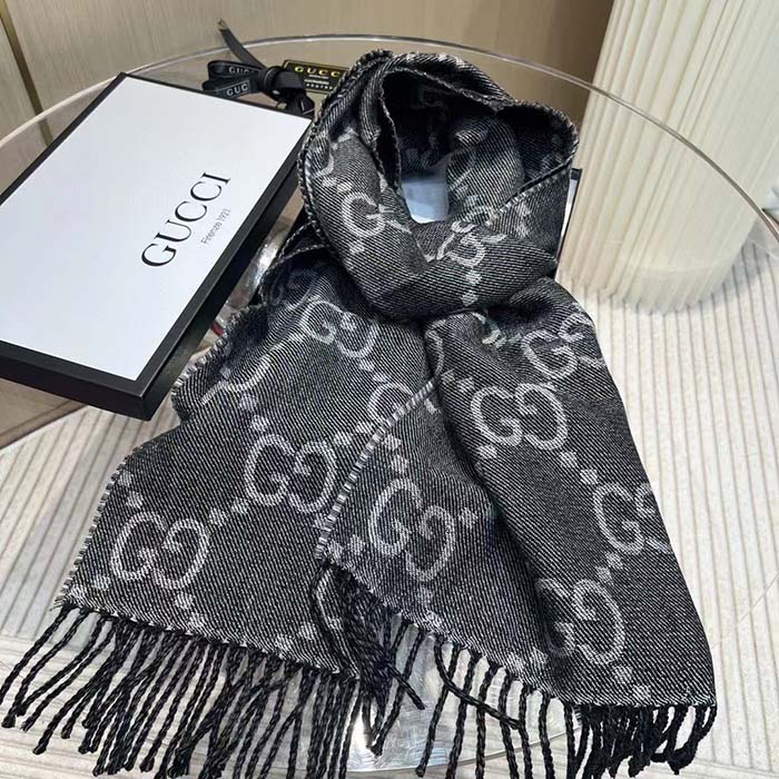 G*u*i unisex gg jacquard knit scarf tassels grey black wool