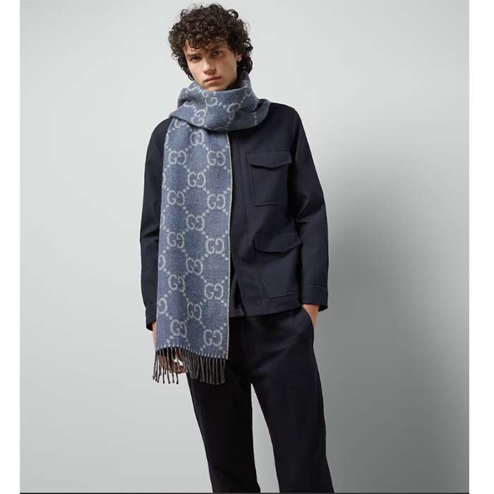 G*u*i unisex gg jacquard knit scarf tassels navy brown wool