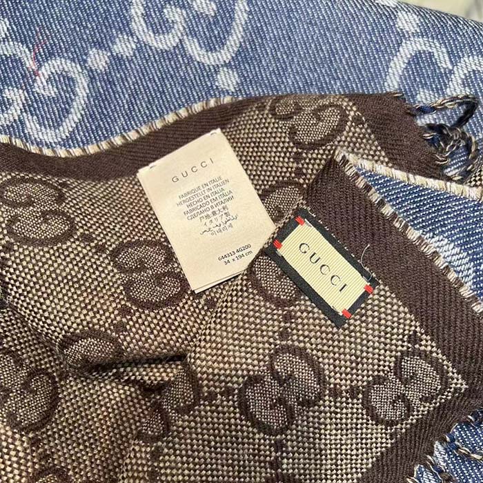 G*u*i unisex gg jacquard knit scarf tassels navy brown wool