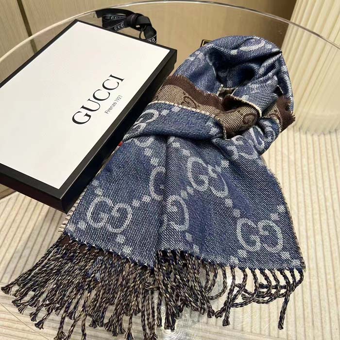 G*u*i unisex gg jacquard knit scarf tassels navy brown wool