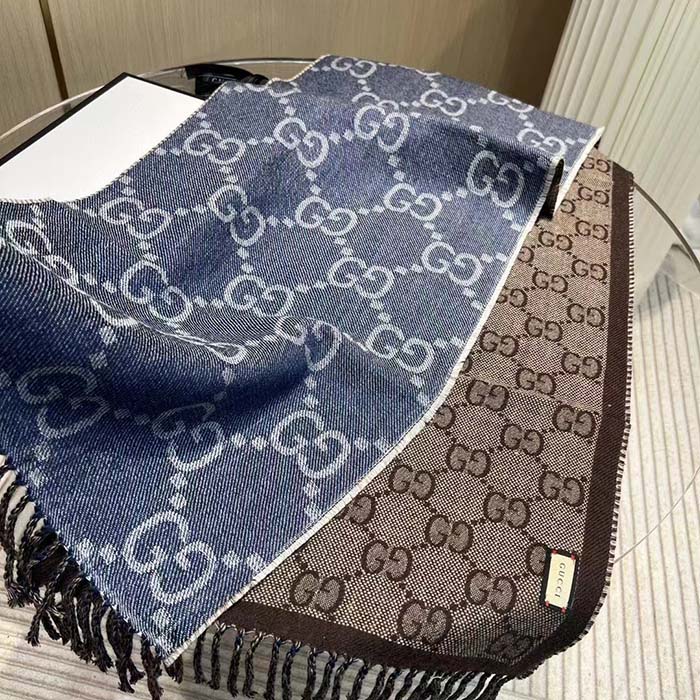 G*u*i unisex gg jacquard knit scarf tassels navy brown wool