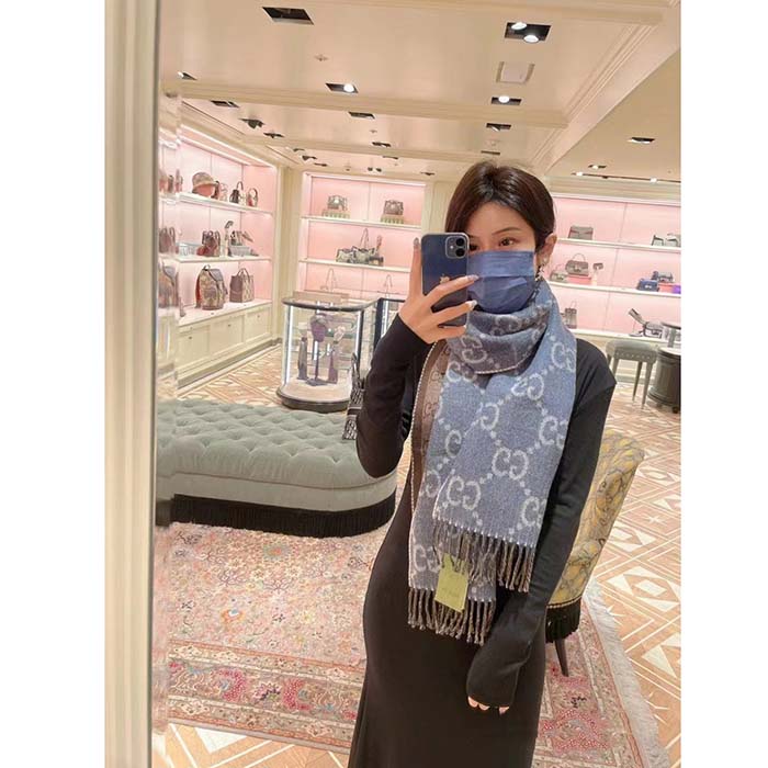 G*u*i unisex gg jacquard knit scarf tassels navy brown wool