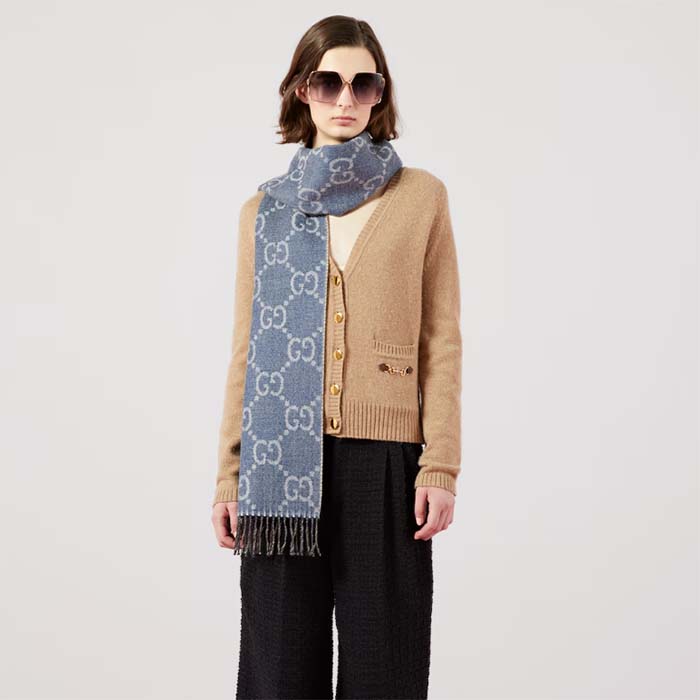 G*u*i unisex gg jacquard knit scarf tassels navy brown wool
