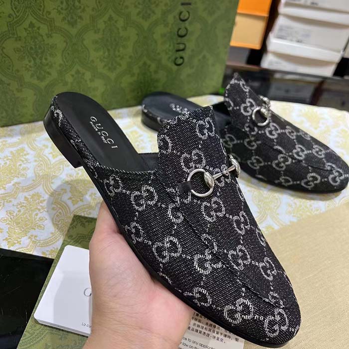 G*u*i unisex gg princetown slipper black denim horsebit leather flat