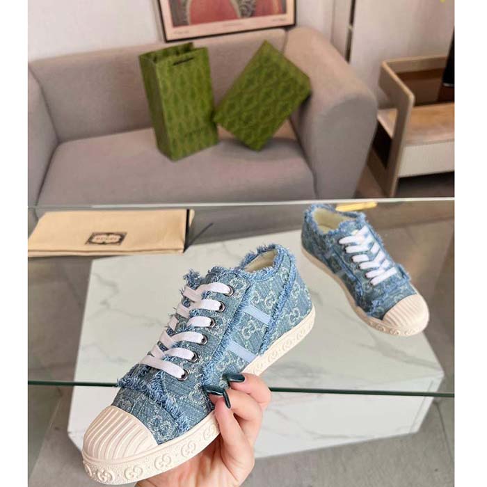 G*u*i unisex gg sneaker blue denim rubber sole lace up flat