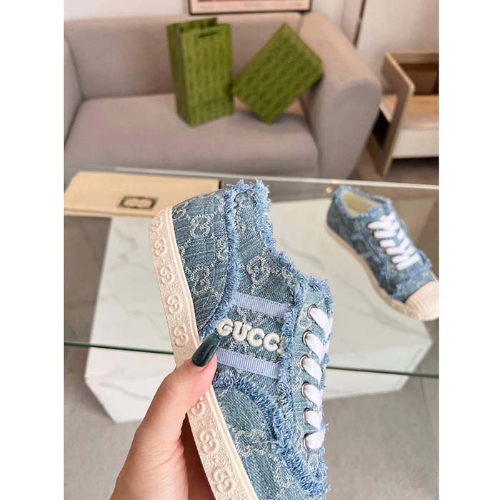 G*u*i unisex gg sneaker blue denim rubber sole lace up flat