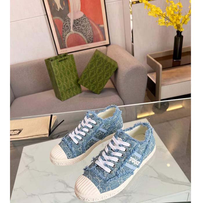 G*u*i unisex gg sneaker blue denim rubber sole lace up flat