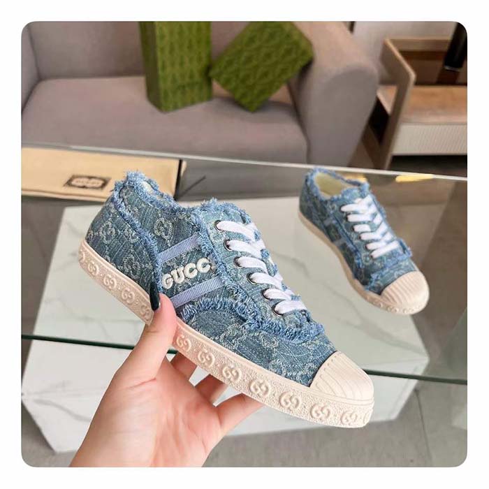 G*u*i unisex gg sneaker blue denim rubber sole lace up flat