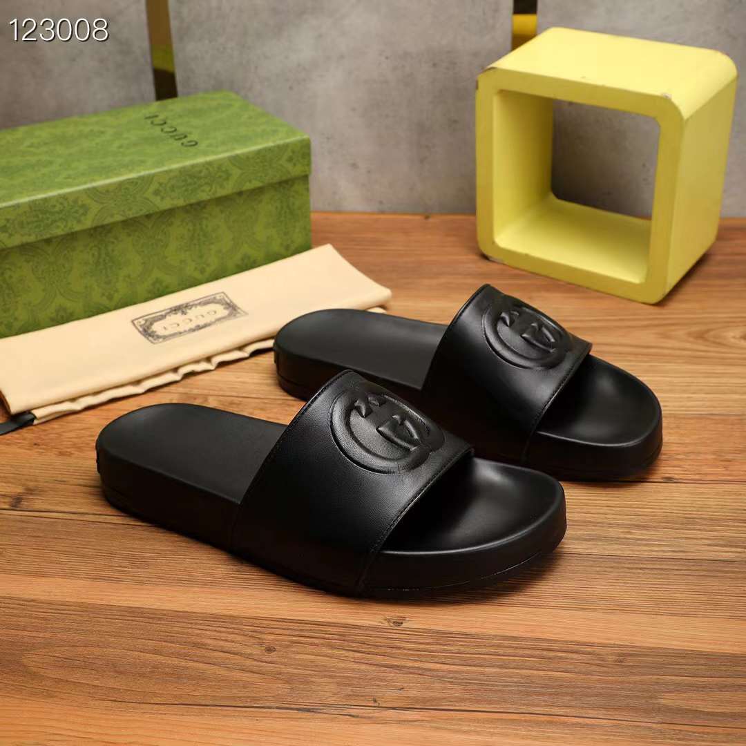 G*u*i unisex slide sandal interlocking g black leather flat