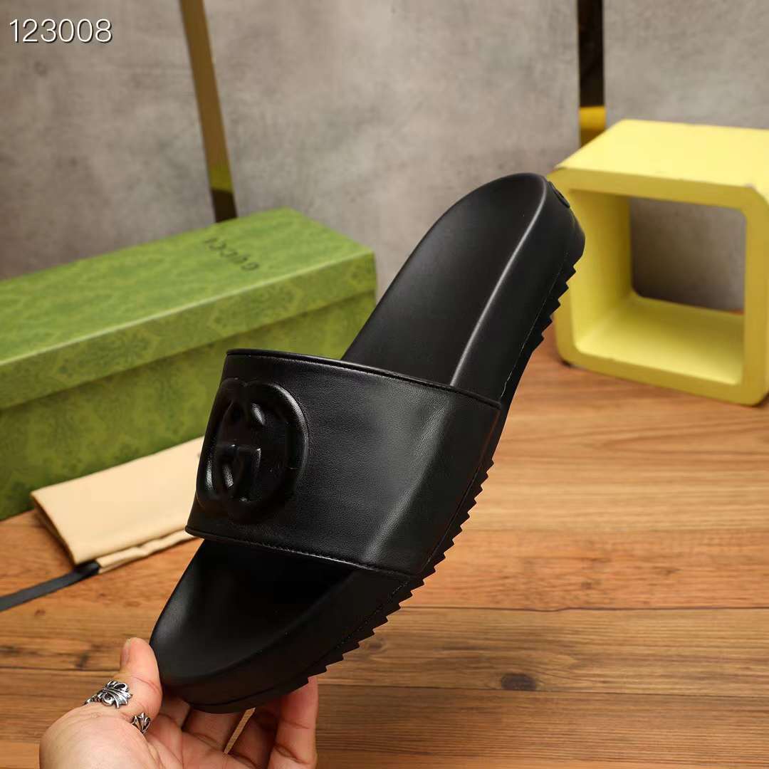G*u*i unisex slide sandal interlocking g black leather flat