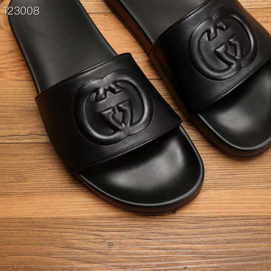 G*u*i unisex slide sandal interlocking g black leather flat