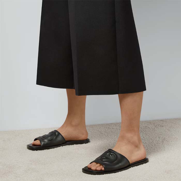 G*u*i unisex slide sandal interlocking g black leather flat