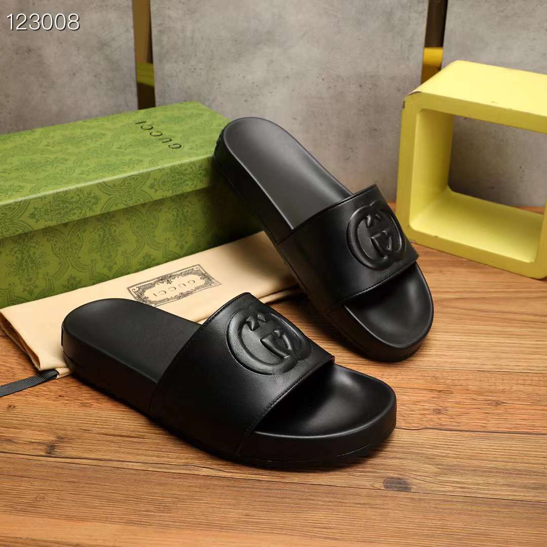G*u*i unisex slide sandal interlocking g black leather flat