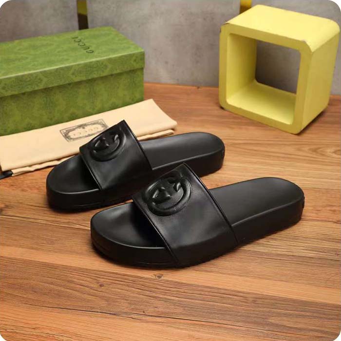 G*u*i unisex slide sandal interlocking g black leather flat