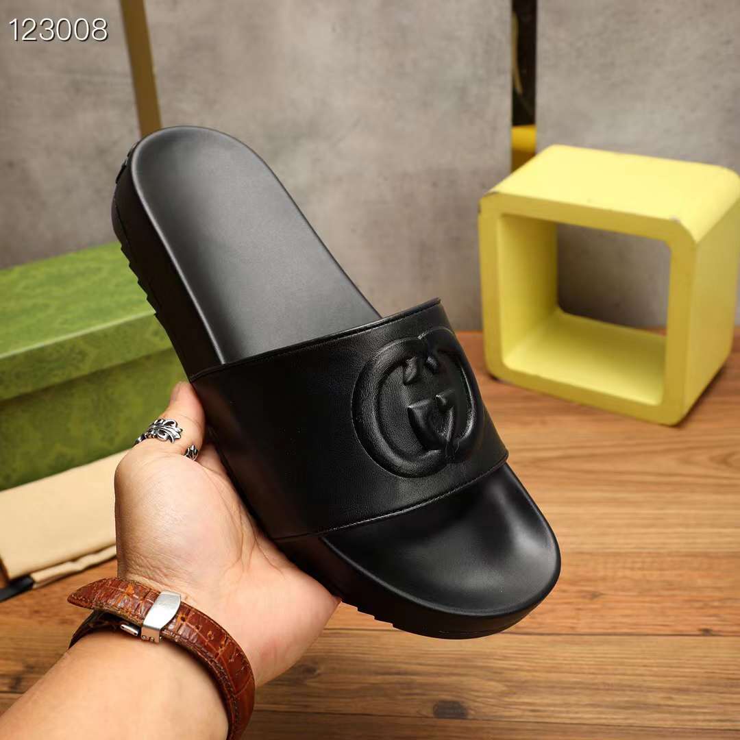 G*u*i unisex slide sandal interlocking g black leather flat