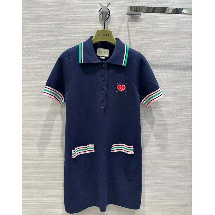 G*u*i women fine knit dress embroidery gg heart point collar