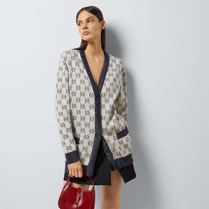 G*u*i women gg cotton jacquard cardigan v-neck two front pockets