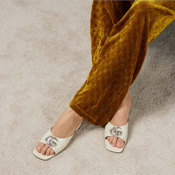 G*u*i women gg double g slide sandal ivory patent leather crystals flat