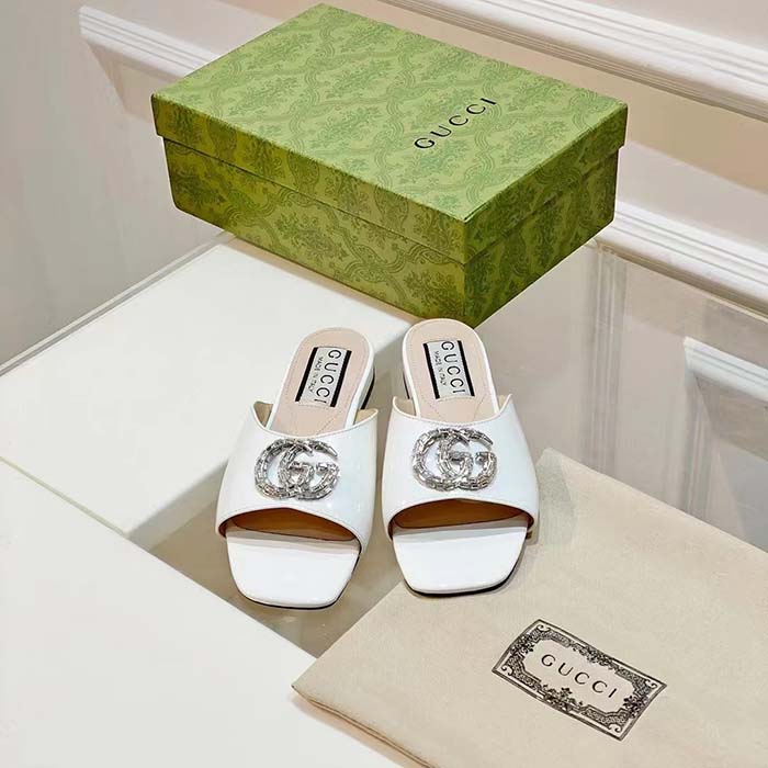 G*u*i women gg double g slide sandal ivory patent leather crystals flat