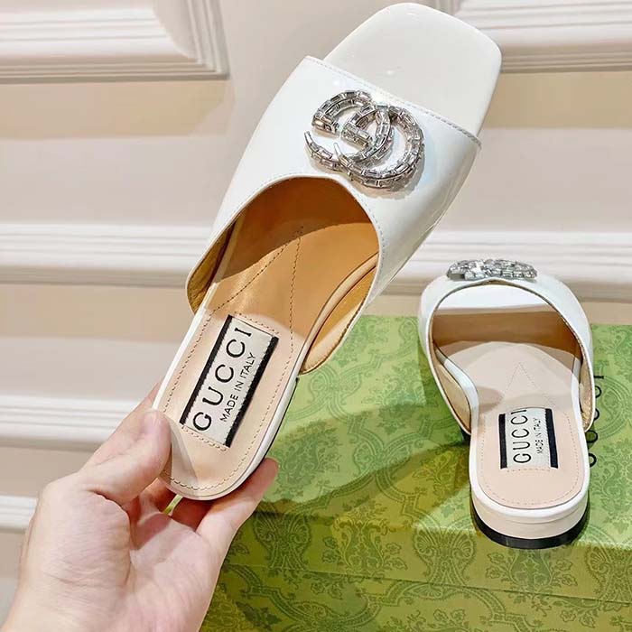 G*u*i women gg double g slide sandal ivory patent leather crystals flat