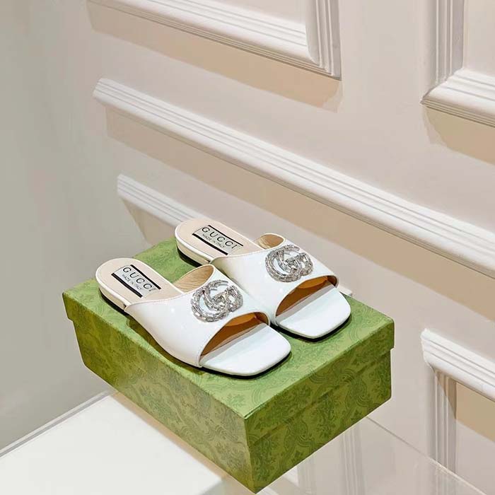 G*u*i women gg double g slide sandal ivory patent leather crystals flat