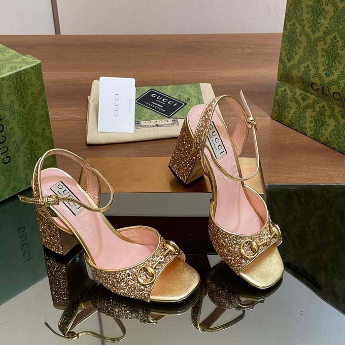 G*u*i women gg horsebit mid-heel sandal metallic gold leather crystals