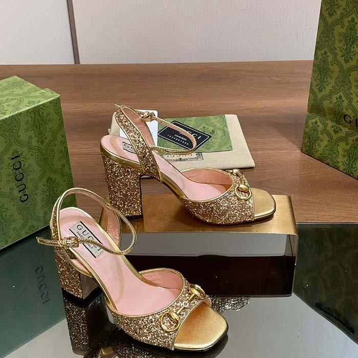 G*u*i women gg horsebit mid-heel sandal metallic gold leather crystals